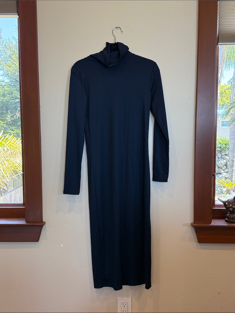 Zara Navy Blue Long Sleeve Turtleneck Ribbed Midi Dress size Large